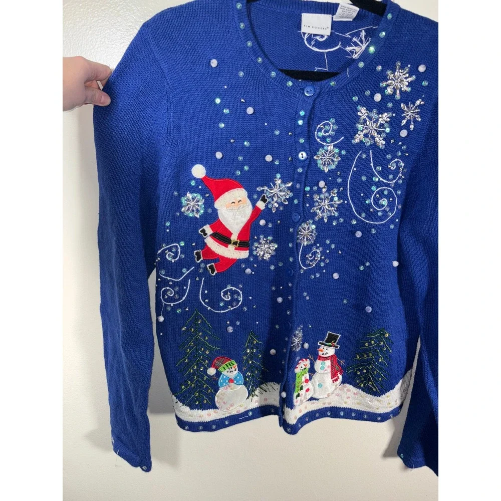 Kim Rogers Christmas Cardigan‎ Women Sz L Blue Santa Snowman Beaded Ugly Sweater